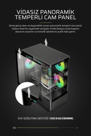 Resim Gametech Intense Siyah Tuş Kontrollü Rgb 5X120 mm Fan Özel Tak Çıkar Vidasız Kapaklar MATX Gaming Kasa 