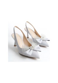 Resim Feles Saten Fiyonk Taş Detaylı Arkası Açık Stiletto Kadın Topuklu Ayakkabı GÜMÜŞ 