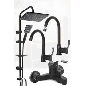 Resim Robot Siyah Tepe Yağmurlama Duş Seti Dalga Kollu Mutfak Banyo Lavabo Batarya Musluk Set Siyah 