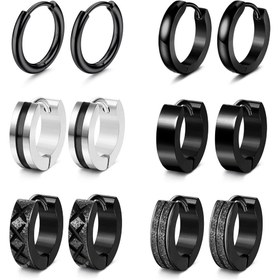 Resim 6 Çift Erkek Küpe Seti Hoops Huggie Küpeler 316L Paslanmaz Çelik Klasik Küçük Halka Küpeler Helix Küpeler Piercing Takı Uyku Küpeleri Siyah Halka Küpeler Erkekler ve Kadınlar için 