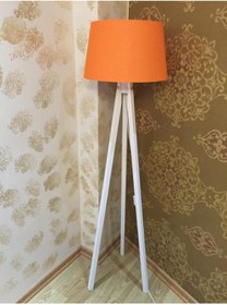 Resim Modamonline Üç Ayaklı Lambader Ahşap Tripod Ayak Konik Kumaş Turuncu Beyaz 