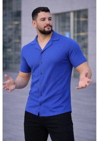 Resim Erkek Waffle Kumaş Kısa Kollu Düğmeli Açık Yaka Regular Fit Gömlek - Saks Mavisi Saks Mavisi 