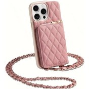 Resim Lumaworld iPhone Uyumlu 16 Pro Pembe Kare Dikişli Zincirli Yapay Deri Çapraz Body Çanta 