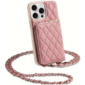 Resim Lumaworld iPhone Uyumlu 16 Pro Pembe Kare Dikişli Zincirli Yapay Deri Çapraz Body Çanta 