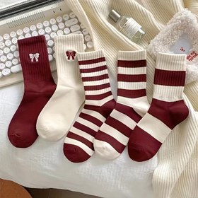 Resim Şık Çizgili Kadın Çorapları - 5'li Paket, %80 Polyester %20 Elastan, Makinede Yıkanabilir, Örgü Kumaş - Vintage Esintili Sonbahar/Kış Koleksiyonu 
