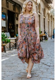 Resim Otantik Desenli Bağcıklı U Yaka Büyük Beden Elbise 001 