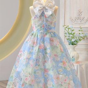 Resim Şık Kızlar için Kolsuz Çiçekli Prenses Elbisesi Büyük Fiyonklu Sırtı - Mavi, Pembe ve Sarı Çiçek Nakışı, Polyester, Omuzları Açık Tasarım, Uzun Boy, Partiler & Özel Günler İçin Rahat, Kızlar için Prenses Elbiseleri 