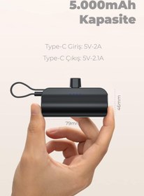 Resim Woyax By Deji Type-c Soketli Mini Siyah Powerbank 5000mah 2 Type-c Port Dahili Kablolu Taşınabilir Batarya 