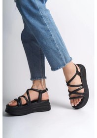 Resim Bella Lastikli Şerit Detaylı Ortopedik Taban Kadın Sandalet St - Siyah Siyah 