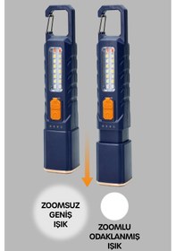 Resim Şarjlı El Feneri 6 Mod Karabina Askılı Çakarlı Cob Led Kamp Lambası Acil Durum Işığı Mavi 7170 Mavi 