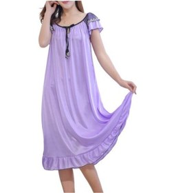 Resim Mor Yazlık Gecelik Önü Boş Rahat Nefes Alabilir Kadın Pürüzsüz Saten Volanlı Etek Yazlık Gecelik Ev Giyimi Mor 