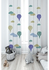 Resim Mekta Home Bebek Ve Çocuk Odası Renkli Bulut Ve Uçan Balon Desenli 2 Kanat Fon Perde 