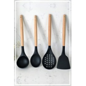 Resim Hitfoni Silikon Bambu Saplı 4 Parça Mutfak Servis Seti Siyah(Kepçe-Kaşık-Kevgir-Spatula)Siyah 