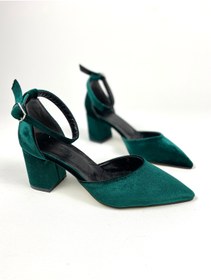 Resim Gloriys Ayakkabı & Çanta Zümrüt yeşili kadife 6 cm kalın topuklu ayakkabı 01403 