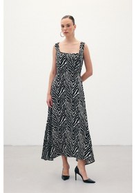 Resim Sateen Kare Yaka Zebra Desenli Elbise - Siyah-136360 Siyah 