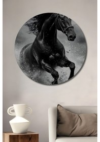 Resim Siyah Beyaz Vahşi At Sulu Boya Görünümlü Dekoratif Ahşap Tablo Yuvarlak Duvar Tablosu 05-102 - 20 X 20 
