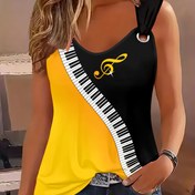 Resim Kadınların Şık V-Yaka Tank Üstü 3D Baskılı Piyano Tuşları, Geometrik Desen, Polyester %95 Spandex %5, Orta Esneme, Yaz Casual Spor Giyim 