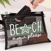 Resim 1 adet Plaj Temalı Mesh Tuvalet Çantası - "BEACH PLEASE" Baskısı ile Büyük Kapasiteli, Hafif Seyahat Tuvalet Organizatörü, Mükemmel Anneler Günü Hediyesi, Siyah Yıldız Tasarımı ile, Fermuar Kapatma, Seyahat Tuvalet Çantası | Eğlenceli Baskı | Fermuar Kapatma, Plaj Çantası 