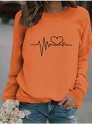 Resim Kadınlar İçin Rahat Uzun Kollu Yuvarlak Yaka Kalp Atışı Baskılı Sweatshirt Turuncu 