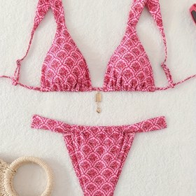 Resim 2 adet Çiçek Desenli Kadın Mayo Seti, Polyester ve Elastan Örme Kumaş, Yelek Üst ile Dantel Detayları ve Eşleşen Şort Alt, Az Esnek, Yüzme için Tüm Desenli 
