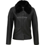 Resim Siyah Deri Kadın Kürk Mont - K23KDM320371-Q3H 