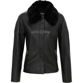 Resim Siyah Deri Kadın Kürk Mont - K23KDM320371-Q3H 