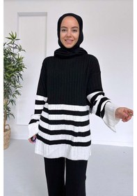 Resim Kahijab Çift Renk Çizgili Triko Takım - Siyah 