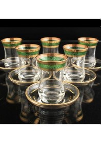 Resim 561-201 Çay Takımı Organik Boya Eby Almas Altın Dekor 6 Kişilik 12 Parça Yeşil 