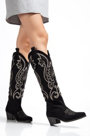 Resim MS SUGAR SHOES Kadın Siyah Vegan Süet Nakışlı Western Kovboy Cowgirl Bot Çizme Beyaz Nakışlı 
