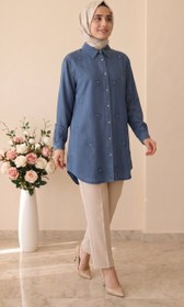 Resim My Magazin Taşlı Çiçekli Tensel Tunik 7418 - Mavi / 36 