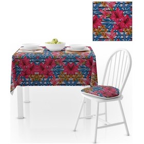 Resim Zambak Desenli Mavi Kırmızı Dijital Baskılı Petek Dokuma Masa Örtüsü 140x260 