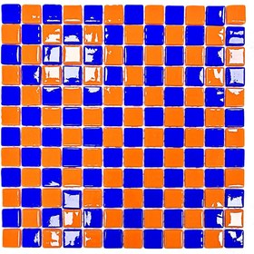 Resim MozaiKristaL Tüm yüzeyler için 25x25mm. Mavi-Turuncu, 31,5X31,5cm. Fileli Cam Mozaik. (10 File=1 m2 Fiyatı) 