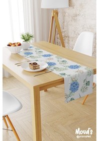 Resim Yeşil Mavi Çiçek Desenli Baskılı Süet Runner Masa Örtüsü 