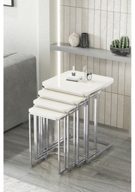 Resim Faymend Tekerlekli 4 Lü Zigon Sehpa - Yan Sehpa Gümüş - Krem Mdf Gümüş Krem 