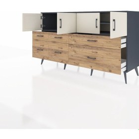 Resim Kronos Konsol 4 Raflı 6 Çekmeceli 4 Kapaklı 176x59x99 Antrasit-aytaşı/çam Aytası/atlas Çam - Antrasıt 