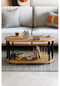 Resim Modern Oval Orta Sehpa Çift Katlı Metal Ayaklı Salon, Ofis, Dekoratif Sehpa, Kahve Sehpası Atlantik Çam 