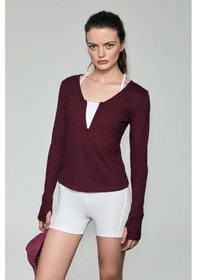 Resim Grimelange Polunea Kadın V Yakalı Önü Fermuar Kapamalı Vücuda Oturan Slim Fit Bordo Bluz bordo 