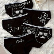 Resim Kadınlar için nefes alabilir ve rahat olan, beli sarhoş eden, şık ve renkli üçgen şortlar, İngilizce desenli ve sevimli kedi baskılı, çeşitli renkli, 5 adetlik takım 