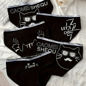 Resim Kadınlar için nefes alabilir ve rahat olan, beli sarhoş eden, şık ve renkli üçgen şortlar, İngilizce desenli ve sevimli kedi baskılı, çeşitli renkli, 5 adetlik takım 