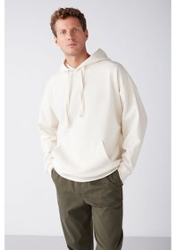 Resim Steve Erkek Yumusaçık Kumaşlı Kordonlu Oversize Kapüşonlu Kanguru Cepli Ekru Sweatshirt 