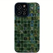 Resim Yeşil Sahte Seramik Döşeme Yağlı Boya Deseni Iphone 16 Pro Max Telefon Kılıfları İçin Uygun, Iphone 15 Pro Max/14/16 Plus/15/13 Pro/12/11/X/Xr/Xs Max İçin de Yüksek Kaliteli Yapay Deri ile Şık Dikey Çizgi Tasarımı Sunar 