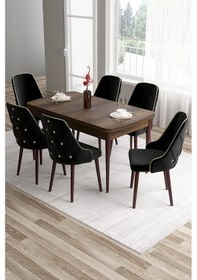 Resim Canisa Tia Serisi 80x132 Mdf Açılabilir Barok Ahşap Desen Gold Detay Masa Takımı Ve 6 Siyah Sandalye Masa Barok Ahşap Desen Sandalye Siyah 
