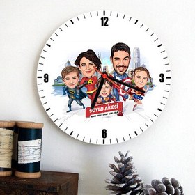 Resim 3 Çocuklu Kahraman Aile Karikatürlü Duvar Saati 