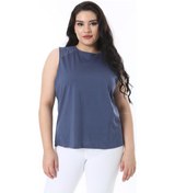 Resim Kadın Büyük Beden İndigo Omuzları Tül Detaylı Kolsuz Bluz 65n38225-indigo İndigo 