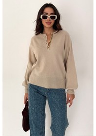 Resim Noa & Noa Kadın Düğmeli Triko Kazak Red Stitch Bej 