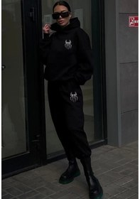 Resim Lucky Life Kapşonlu Üç İplik Baskılı Eşofman Takım - Siyah 001 