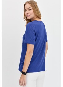 Resim Kadın Sıfır Yaka Flamlı Kumaş Penye Tshirt İndigo Indigo 