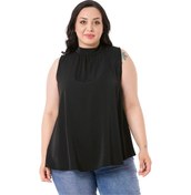 Resim Büyük Beden Yakası Arkadan Düğmeli Dik Yaka Dökümlü Kolsuz Siyah Bluz Siyah 