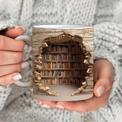 Resim 1 adet Kitaplık Tasarımı Kupa - 3D İllüzyon Kitaplığı ve Yırtık Kağıt Etkisi, Sadece Elde Yıkama, Tekrar Kullanılabilir Kahve Çay Bardağı, Kitap Severler için Sevgililer Günü Hediyesi, Mutfak ve Yemek Aksesuarları 