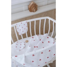Resim Lilabio %100 Organik Pamuk Çift Katlı Kalp Desenli Müslin Örtü Seti (100X100 Muslin-Üçgen Önlük-Omuz Bezi) 